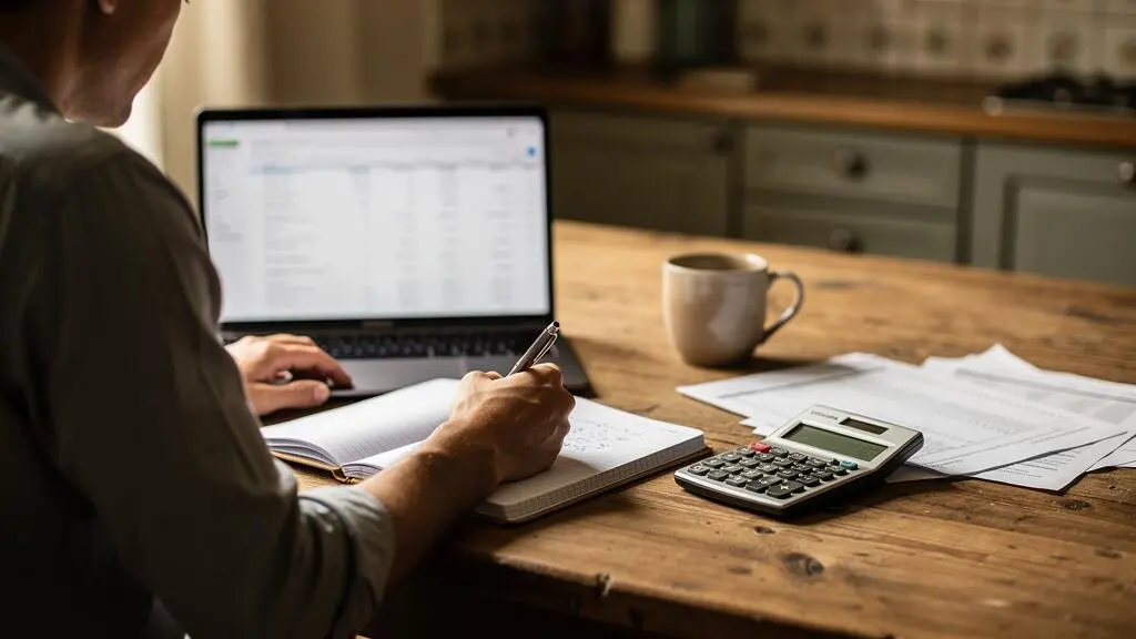 Une personne calcule sa mensualité de crédit avec un notebook et un ordinateur portable.
