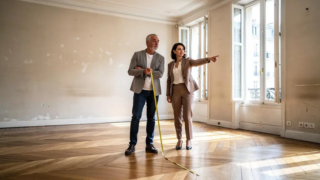 Un couple évalue un appartement vide avec un agent immobilier avant un investissement locatif.